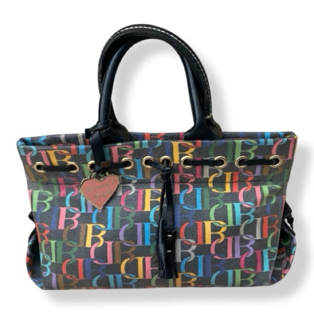 Dooney & Bourke Multicolor DB Monogram Drawstring Bag Canvas Leather Trim Y2K